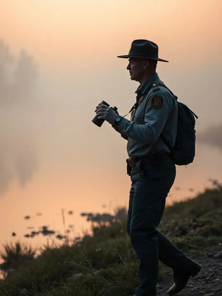 A warden patrolling a riverbank at dawn, looking for signs of illegal fishing activity, emphasizing the association's commitment to anti-poaching.