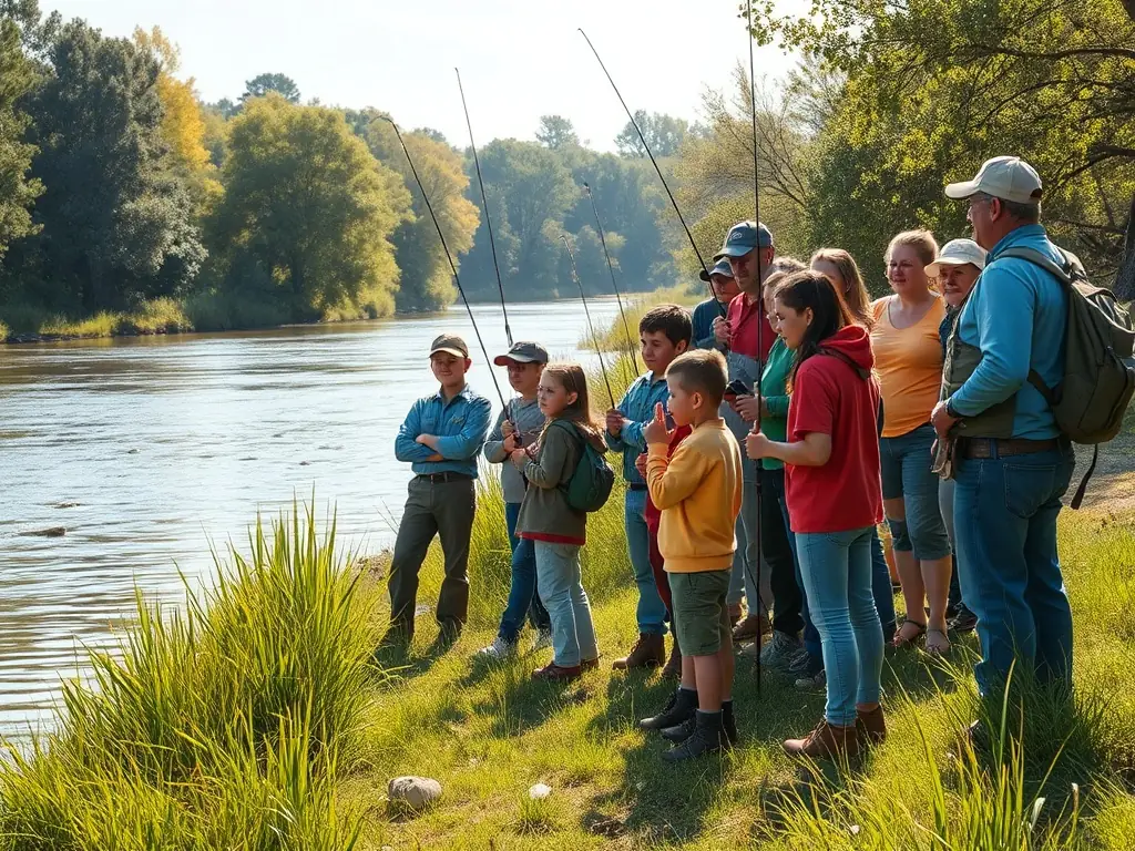 A group of people fishing in a river on a sunny day.