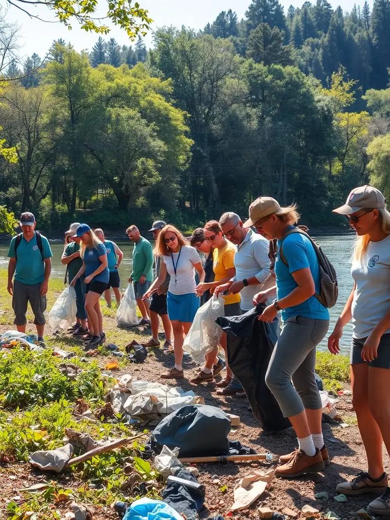 A photograph showing members of the association cleaning up trash and debris from a riverbank, emphasizing their commitment to pollution prevention.