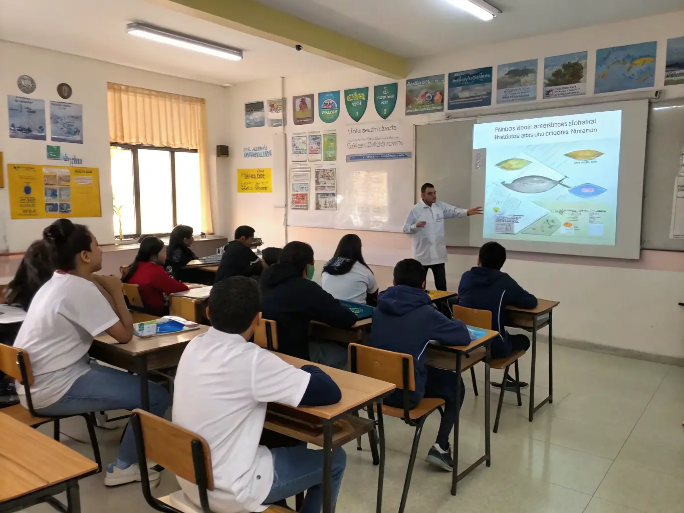 A classroom setting with children learning about aquatic ecosystems.