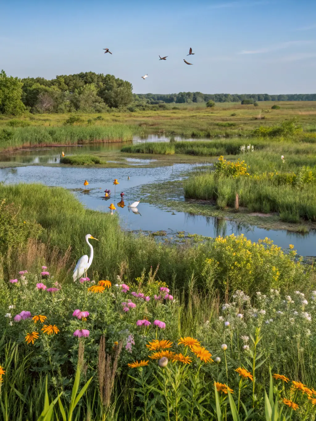 A photograph of a restored wetland area, showcasing the association's habitat conservation work.