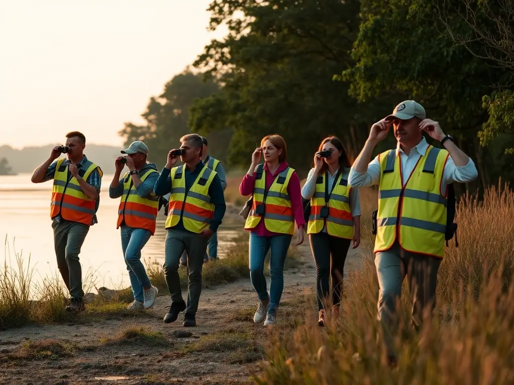 A photo of volunteers patrolling a riverbank at dawn, looking for signs of illegal fishing activity, with a focus on their determined expressions and the natural beauty of the river.