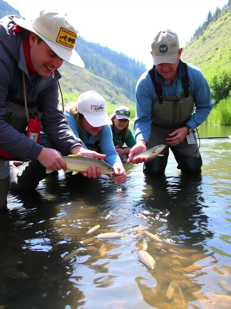 A photograph depicting volunteers releasing juvenile fish into a river, showcasing the association's restocking efforts.