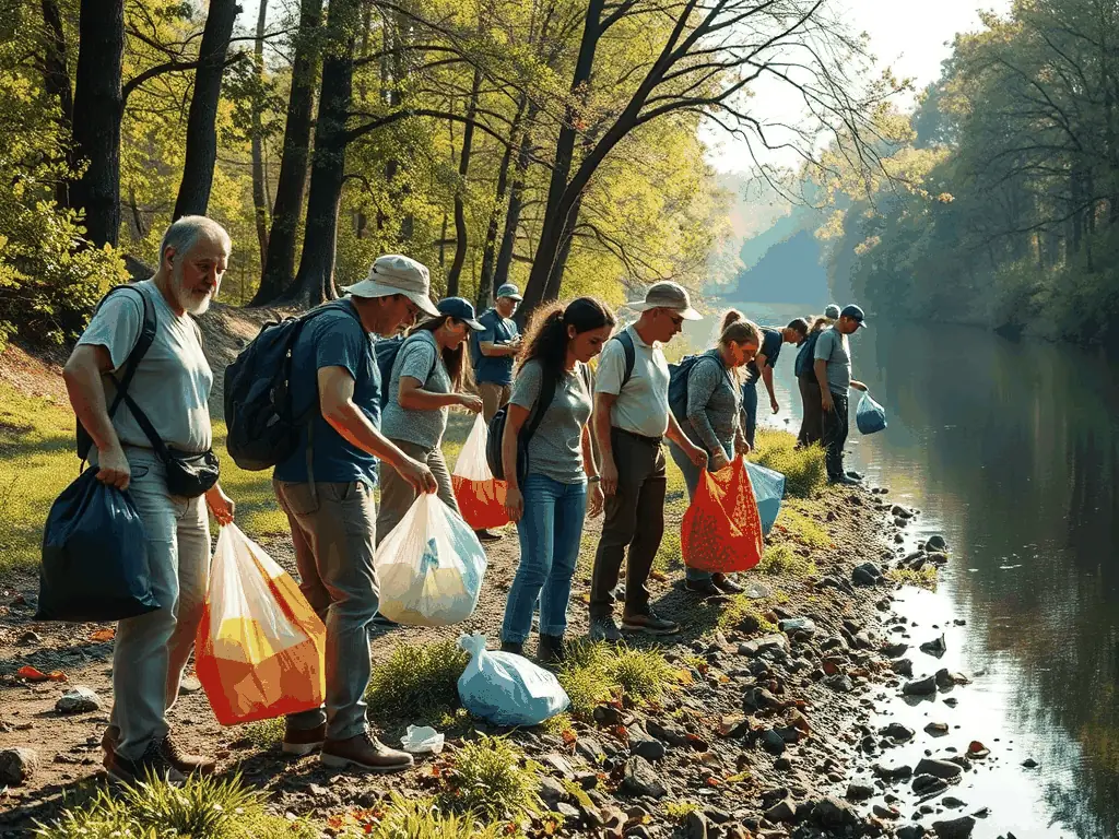 A group of volunteers cleaning up trash along a riverbank.