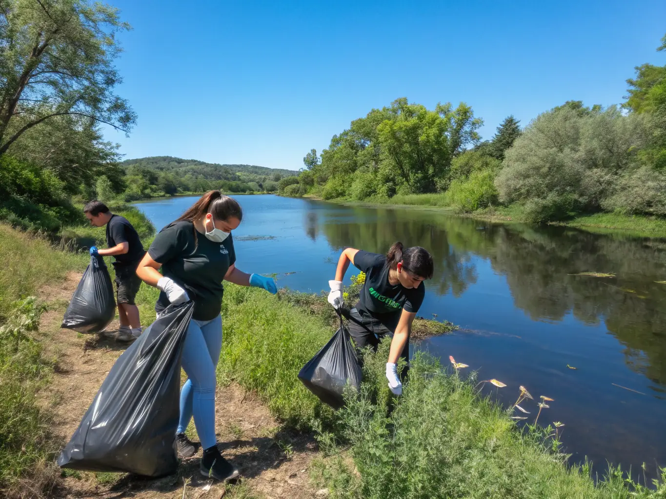A photograph showing volunteers cleaning up trash and debris from a riverbank, emphasizing the contrast between the polluted area and the clean section they have already worked on.