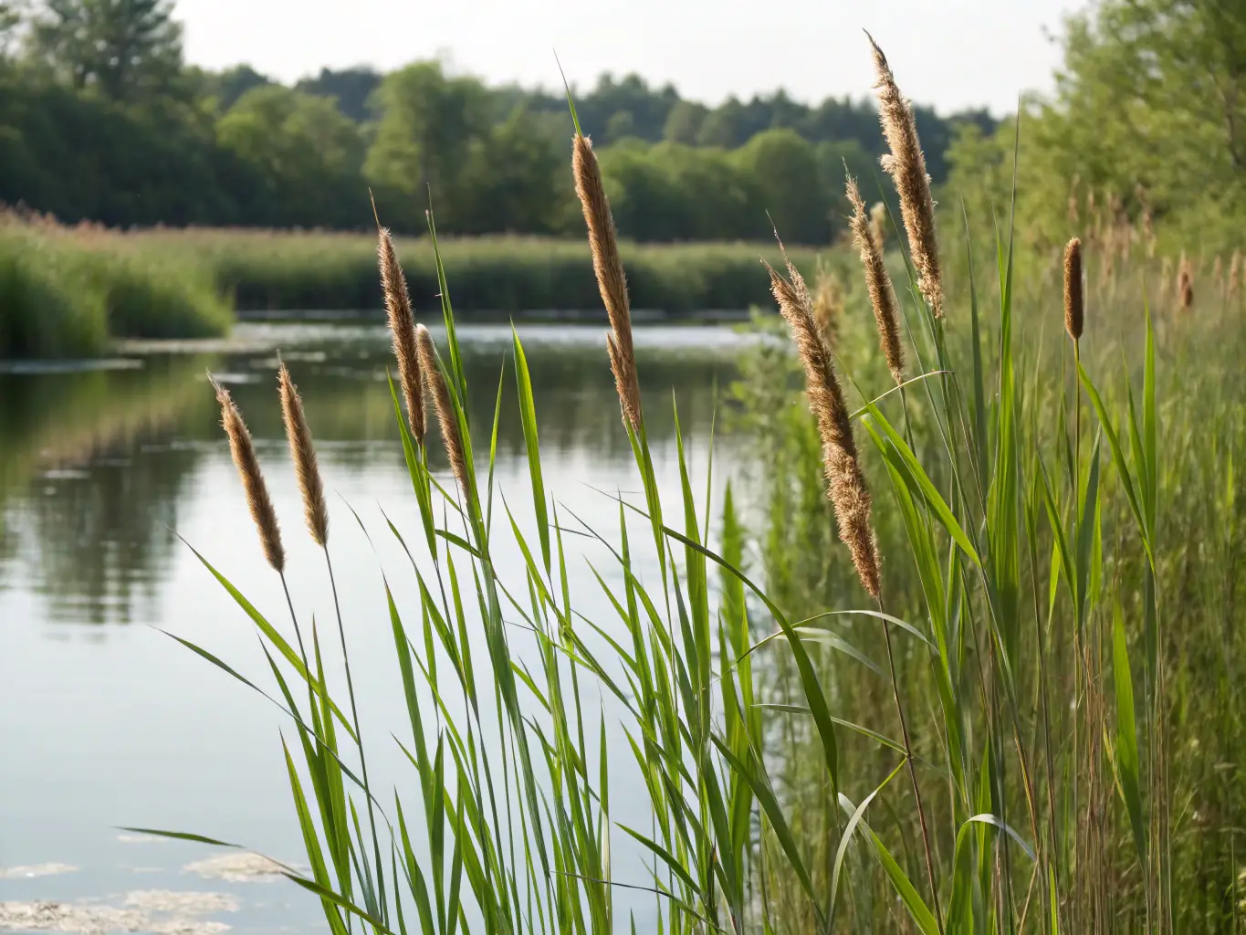 A scenic image of a restored wetland area, showcasing diverse plant and animal life, with a focus on the vibrant colors and the overall health of the ecosystem.