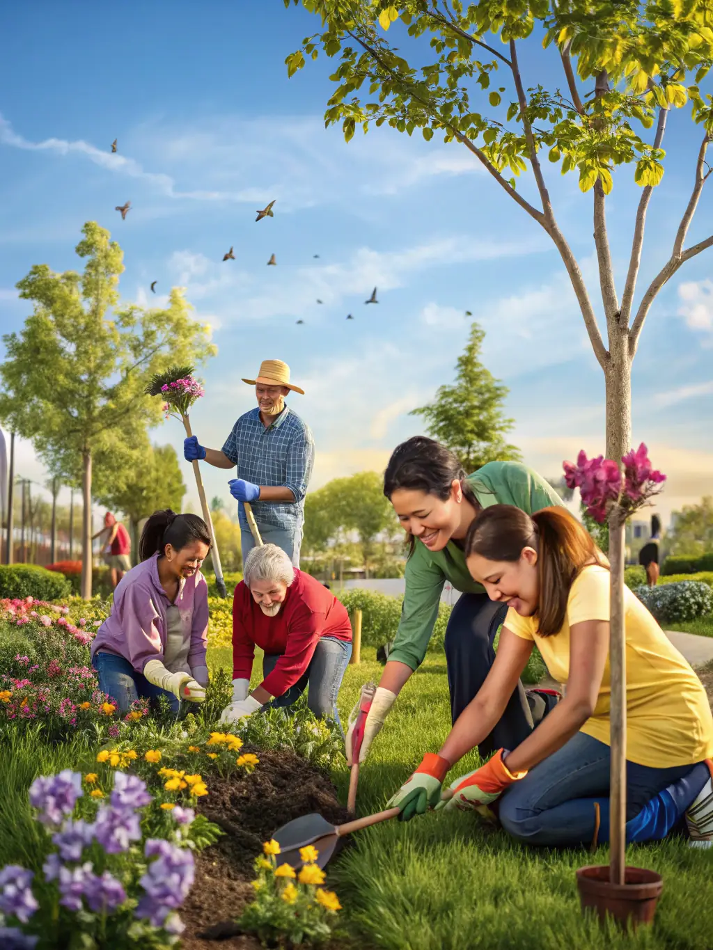 A group of members planting native trees along a riverbank, showcasing the association's habitat conservation efforts.