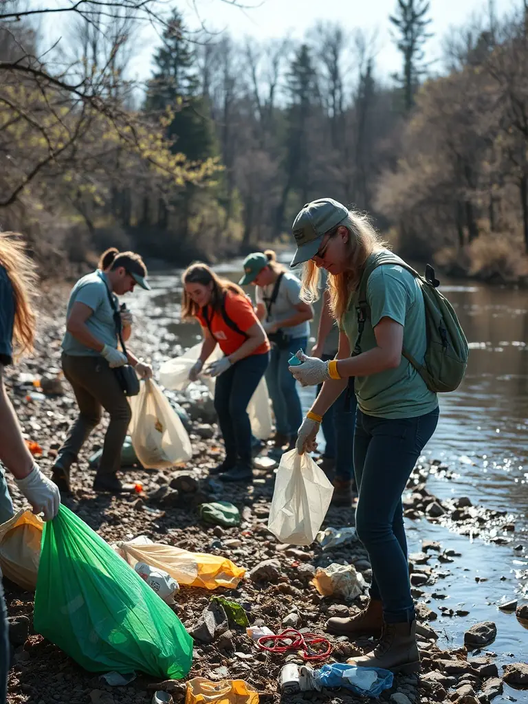 Volunteers cleaning up trash and debris from a riverbank, highlighting the association's efforts in pollution prevention.